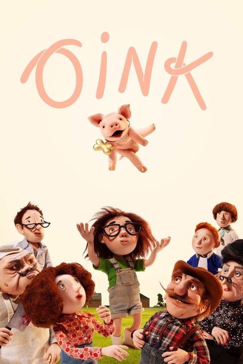 The poster features a whimsical scene with a pink pig character floating above a group of animated puppets, all set against a soft, pastel background. The warm, inviting colors and playful expressions convey a lighthearted, joyful mood, capturing the charm of the animated film.