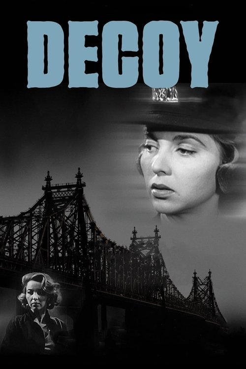 The poster features a woman in a dark hat, her face partially obscured by shadow, with the title "Decoy" prominently displayed in bold, light blue letters. The background showcases a dark, moody scene with a bridge and a smaller figure in the foreground, creating a mysterious and suspenseful atmo...