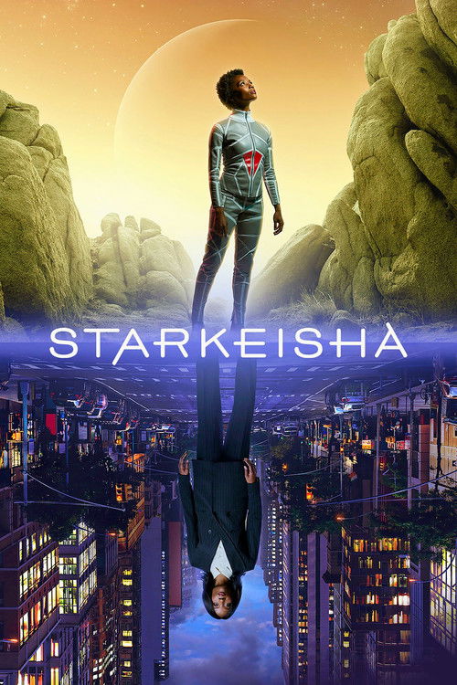 A lone figure stands atop a surreal cityscape, surrounded by towering rock formations and a vast, starry sky. The poster blends futuristic elements with dreamlike aesthetics, evoking mystery and wonder.