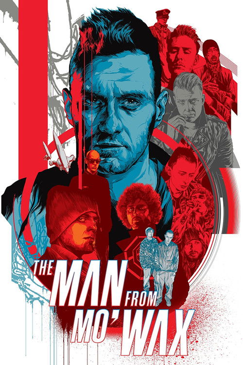 The poster features a striking portrait of a man with intense eyes, surrounded by fragmented figures in red and black tones. The bold red and white color scheme creates a dramatic, high-contrast atmosphere. The title "The Man from Mo'Wax" is prominently displayed in a stylized font, emphasizing t...