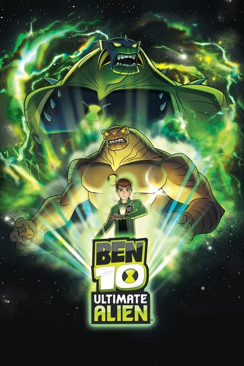 The poster features Ben Tennyson in the center, surrounded by vibrant green energy and glowing orbs. Above him, a large alien creature with a menacing grin dominates the background. The title "Ben 10: Ultimate Alien" is prominently displayed in bold, metallic letters. The overall mood is adventur...