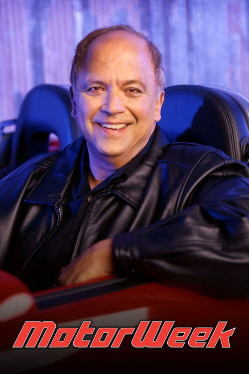 The poster features a smiling man in a leather jacket against a blurred background, exuding confidence and approachability. The bold red "MotorWeek" text anchors the image, while the cool blue tones of the background create a modern, energetic atmosphere.