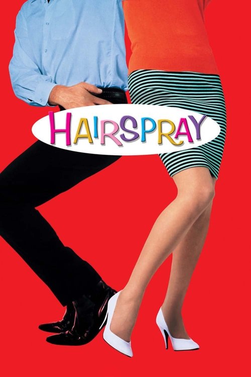 The poster features a vibrant red background with two people in colorful outfits—blue and orange shirts, black pants, and striped skirts. The word "HAIRSPRAY" is prominently displayed in colorful letters across their midsections, capturing the playful and energetic mood of the film.