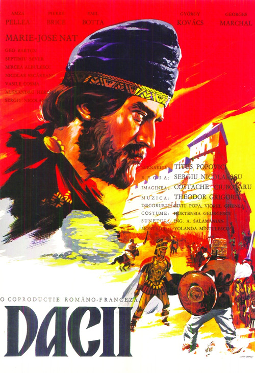 This poster for "The Dacians" features a dramatic scene with a bearded man in a blue turban dominating the foreground, surrounded by soldiers in period attire. The background showcases a fiery, red and yellow color scheme, evoking a sense of action and historical drama.