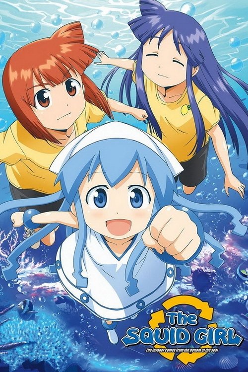 This anime poster features three characters in a playful underwater scene. The central character with blue hair and a white hat is smiling confidently, while two friends with red and blue hair swim behind her. Vibrant colors like blue, yellow, and white create a lively and cheerful atmosphere. Th...