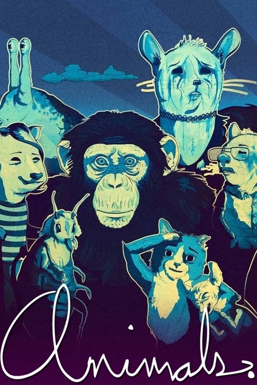 This poster features a group of anthropomorphic animals in a stylized, teal-toned illustration. The mood is whimsical and playful, with each character distinct and expressive. The name "Animals" is prominently displayed in elegant script at the bottom, suggesting a fun and engaging theme for view...