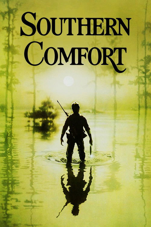 The poster features a silhouette of a person standing in a reflective body of water, with a warm, golden sunset in the background. The title "Southern Comfort" is prominently displayed in bold, serif font. The overall mood is serene and nostalgic, evoking a sense of quiet reflection and rural tra...