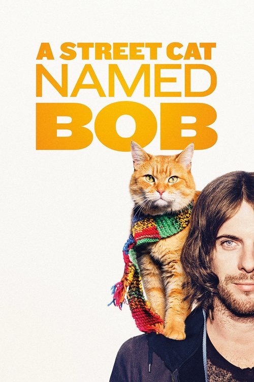 The poster features a man with long hair and a beard holding an orange cat wearing a colorful scarf. The bold yellow text "A STREET CAT NAMED BOB" dominates the top, evoking a warm, nostalgic atmosphere.