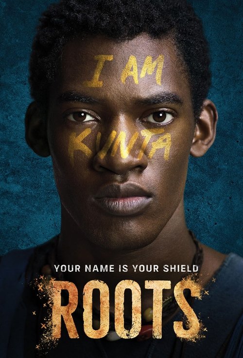 The poster features a young man with intense eyes against a dark blue background, with the words "I AM RINA" prominently displayed in bold, golden letters. Below, the title "ROOTS" is written in fiery orange, evoking a sense of urgency and danger. The overall mood is intense and dramatic, suggest...