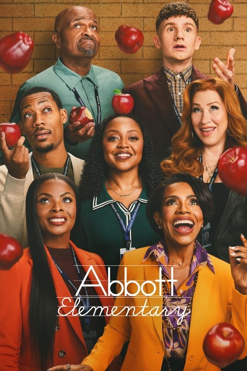 This vibrant poster features a diverse group of students in colorful school uniforms against a brick wall backdrop, surrounded by floating red apples. The warm, cheerful mood and energetic expressions convey a lively and engaging atmosphere typical of the show's educational comedy.
