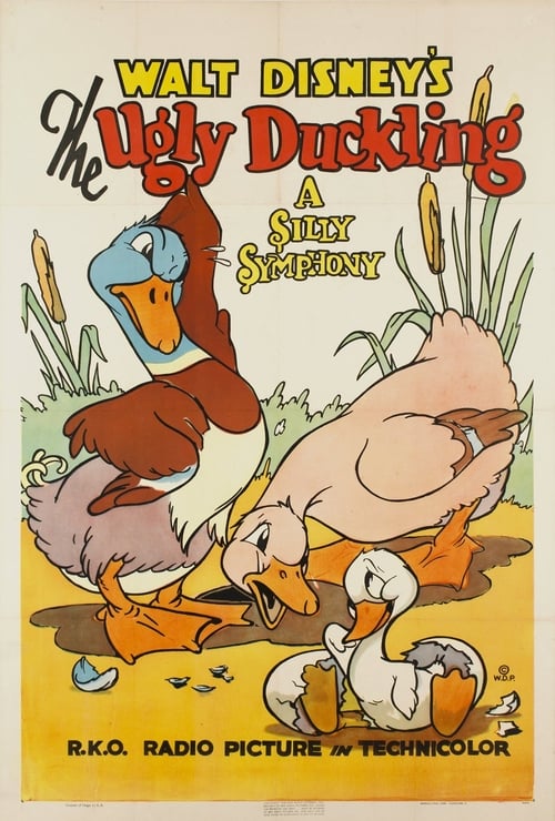 This vintage poster features Walt Disney's "The Ugly Duckling" with a playful scene of ducks in a garden. The warm yellow background and soft pastel colors evoke a nostalgic, cheerful mood. The central duckling's mischievous expression adds to the whimsical charm of the image.