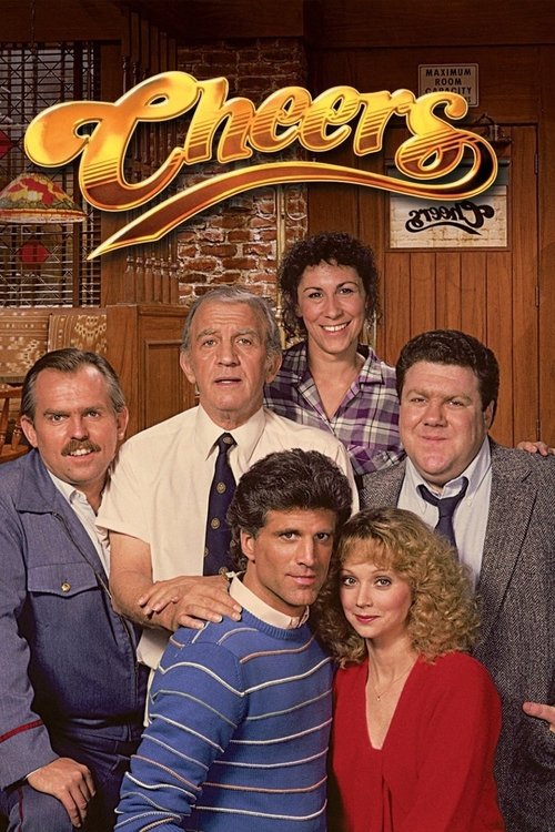 The poster features six characters posing in a warm, rustic interior with wooden walls and a brick accent. The golden "Cheers" logo dominates the top, evoking a classic 1970s television show vibe. The characters display a mix of professional and casual attire, suggesting a mix of roles. The overa...