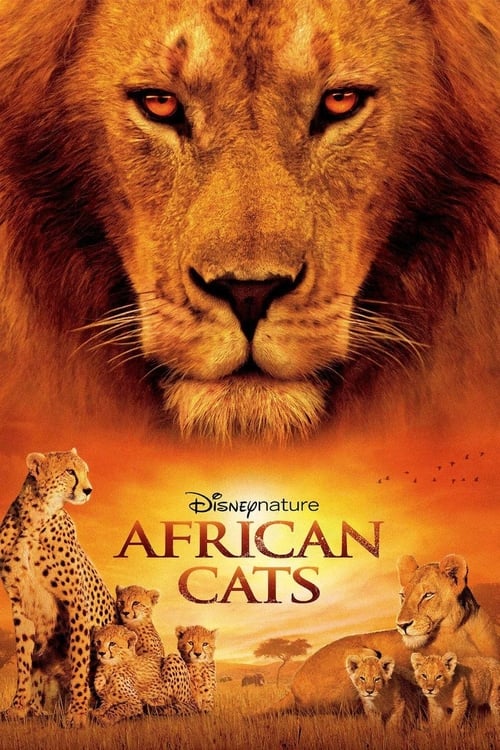 The poster features a majestic lion at the top, with a warm sunset backdrop. Below, several cheetahs and young lions are depicted in a serene African savanna setting. The Disney logo is visible, suggesting a family-friendly adventure. The overall mood is one of adventure and natural beauty, captu...