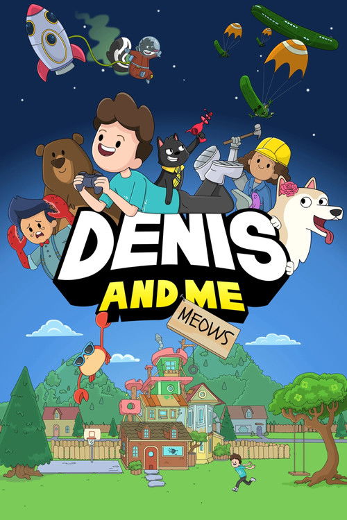 This vibrant poster features a group of diverse children in colorful outfits against a starry night sky. The title "DENIS AND ME" is prominently displayed in bold, playful lettering. The scene captures a lively, adventurous atmosphere with flying vehicles and a whimsical forest backdrop, evoking ...