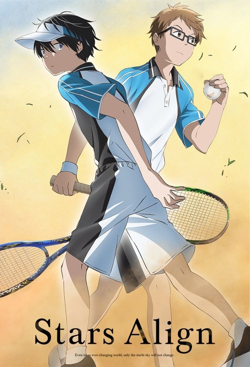 Two animated tennis players in a dynamic pose against a warm sunset backdrop. One wears a blue cap and white shirt, the other in glasses and a blue-and-white outfit. The vibrant colors and energetic composition evoke excitement and teamwork.