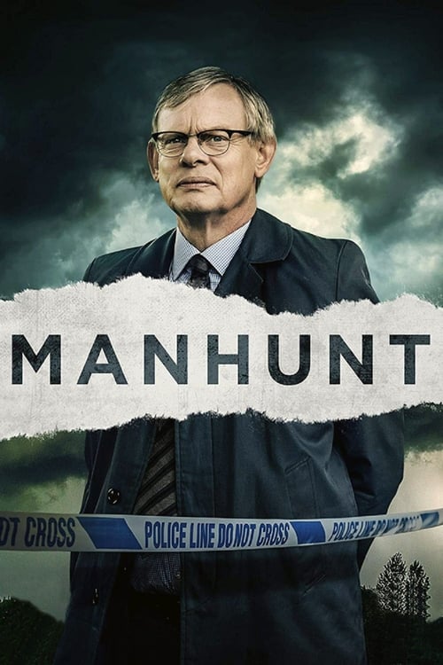 The poster features a stern man in a dark suit against a stormy sky, with the title "MANHUNT" prominently displayed in bold letters. The blue police tape adds a sense of urgency and danger, while the ominous clouds create a tense atmosphere.