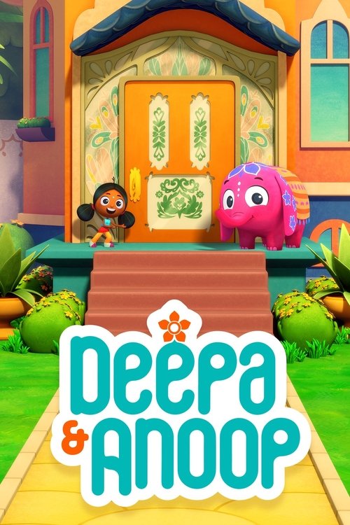 The vibrant poster features two animated characters—a cheerful boy and a playful girl—standing before a colorful house with a warm, inviting atmosphere. The bright greens, oranges, and blues create a cheerful, lively mood that captures the essence of a fun, animated adventure.