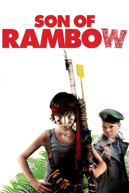 The poster features a young woman with a bandaged head holding a rifle, exuding a rebellious and mysterious aura. Beside her, a boy in a green cap looks on with a serious expression. The vibrant red title "SON OF RAMBOW" dominates the top, contrasting sharply with the lush green foliage in the ba...