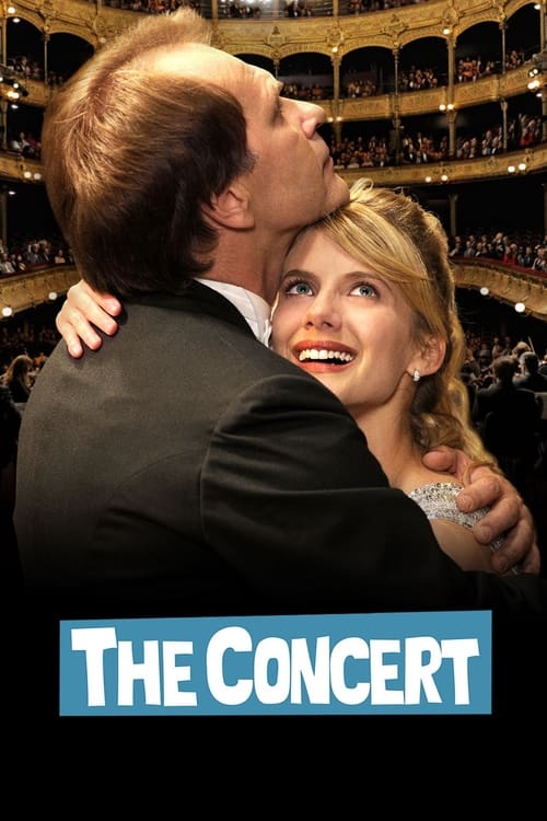 The poster captures a heartwarming moment between a smiling man and woman in a grand concert hall. Warm lighting and rich colors evoke a sense of joy and celebration. The title "THE CONCERT" is prominently displayed at the bottom, emphasizing the event's significance.