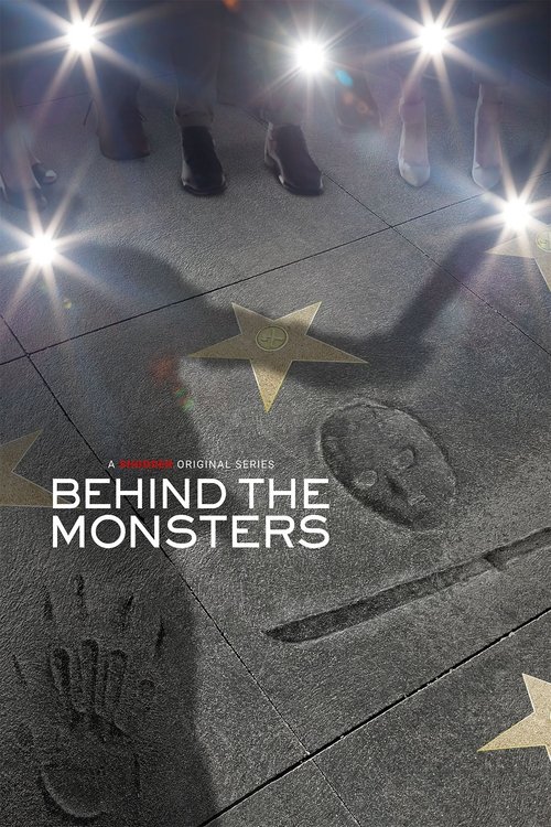 The poster features silhouettes of people standing on a dark, textured floor with glowing star-shaped lights above them. The title "BEHIND THE MONSTERS" is prominently displayed in bold white letters. The mood is mysterious and atmospheric, with a sense of intrigue and suspense.
