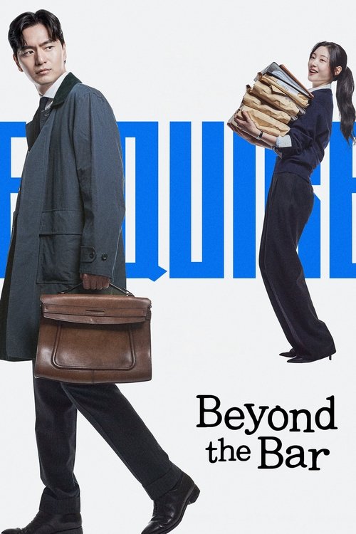 The poster features two characters in professional attire against a minimalist background. One man carries a leather bag while the woman holds a stack of books, both exuding confidence and authority. Bold blue lettering and the show's title create a modern, sleek atmosphere.