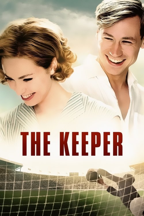 The poster features a smiling couple in a sunlit tennis court, with the title "THE KEEPER" prominently displayed in bold red letters. The warm tones and joyful expressions evoke a sense of camaraderie and nostalgia, suggesting a sports drama with a heartwarming storyline.