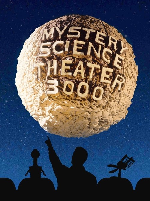 A silhouette of a person with a microphone against a starry night sky, with a large, textured sphere labeled "Mystery Science Theater 3000" looming above. The mood is mysterious and cinematic, capturing the essence of the show's blend of science and comedy.
