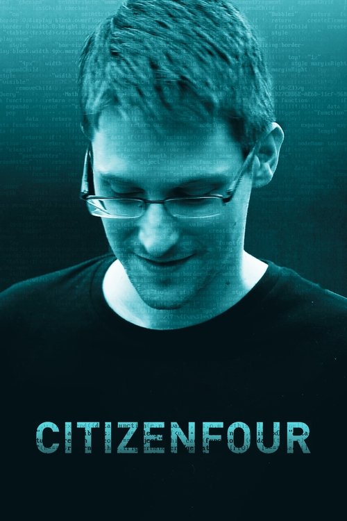 The poster features a close-up of a man with glasses, his face illuminated by a cool blue light against a dark background. The title "CITIZENFOUR" is displayed in bold, white letters at the bottom, evoking a sense of mystery and intrigue.