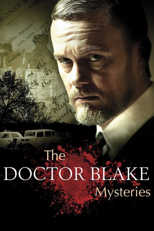 The poster features a close-up of a man with a serious expression, set against a backdrop of faded documents and a vintage bus. The color palette is dominated by sepia tones and dark hues, creating a mysterious and suspenseful atmosphere. The title "The Doctor Blake Mysteries" is prominently disp...