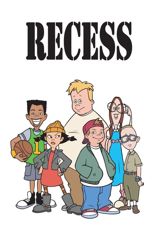 The poster features a lively group of animated characters in colorful clothing, exuding a cheerful and playful mood. The bold "RECESS" title sets the scene, while the vibrant colors and dynamic poses suggest an energetic and fun-filled environment.