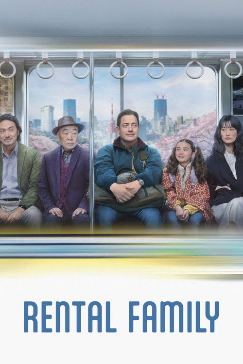The poster features a group of five characters sitting on a train, with a cityscape backdrop. The warm tones of their clothing and the soft lighting create a cozy, intimate atmosphere. The title "Rental Family" is prominently displayed at the bottom, suggesting themes of shared experiences and fa...
