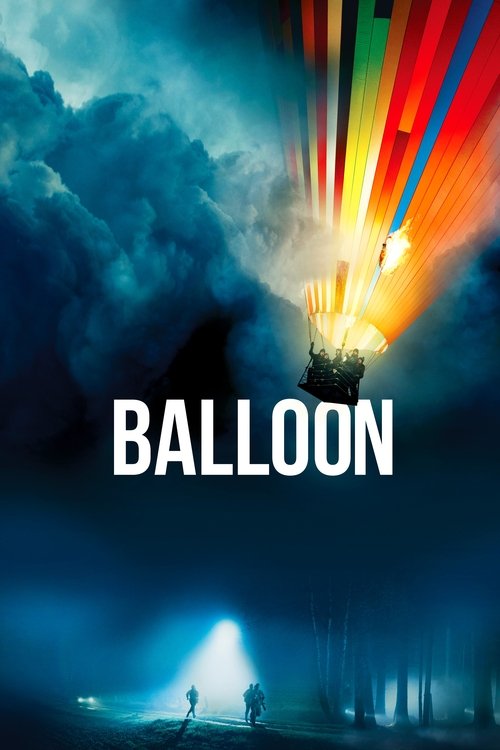 The poster features a dramatic scene with a bright, colorful balloon exploding in the sky, casting vibrant beams of light. Silhouetted figures stand in the foreground, watching the spectacle. The dark, stormy clouds add to the mysterious and thrilling atmosphere, while the bold white text "BALLOO...