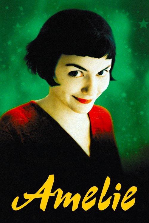 The poster features a striking portrait of a woman with dark hair and a red top against a vibrant green background. The name "Amélie" is elegantly written in yellow script at the bottom, evoking a mysterious and romantic atmosphere.