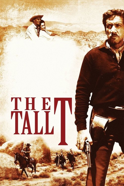 The poster features a rugged cowboy in the foreground, exuding a sense of adventure and danger. In the background, a lone figure stands against a vast, sunlit landscape, adding depth and mystery. The warm, sepia-toned palette evokes a classic Western atmosphere, while the bold red title "The Tall...
