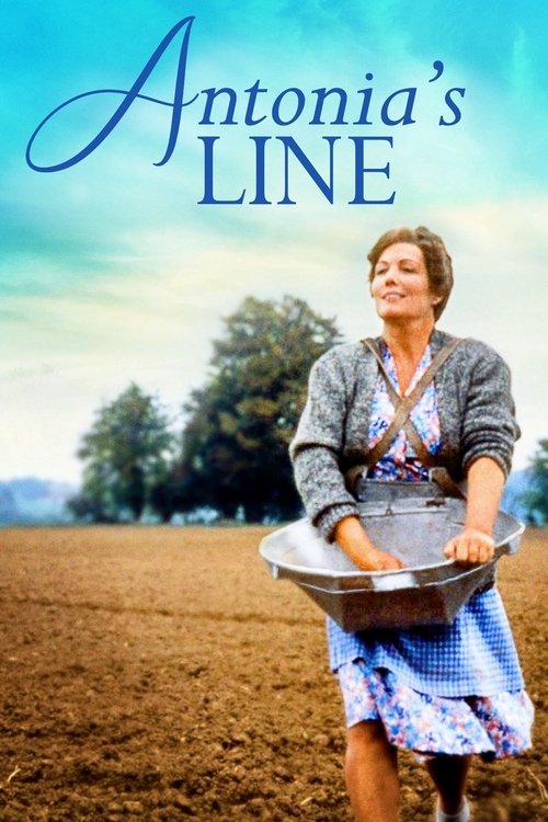 The poster features a smiling woman in a blue dress holding a metal tray, standing in a golden field under a bright sky. The title "Antonia's Line" is elegantly written in blue script at the top. The overall mood is warm and inviting, suggesting a story about rural life and tradition.