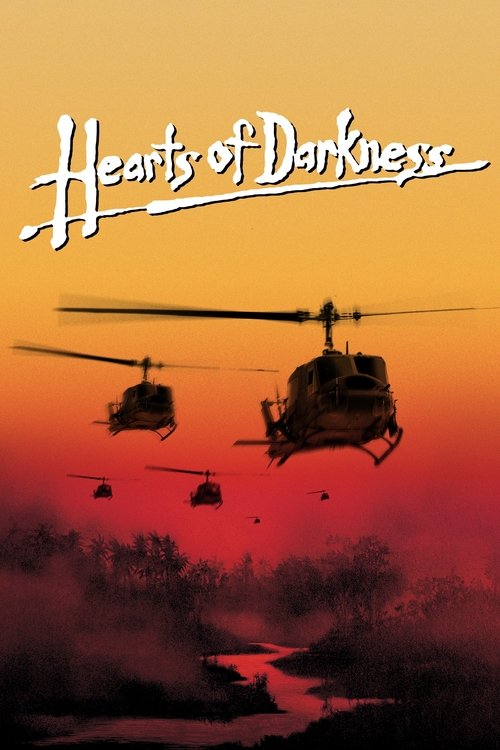 The poster features two helicopters silhouetted against a vibrant sunset, with the title "Hearts of Darkness" elegantly written in white script. The scene evokes a somber, apocalyptic mood as the helicopters hover over a dark, misty landscape, suggesting a dystopian future.