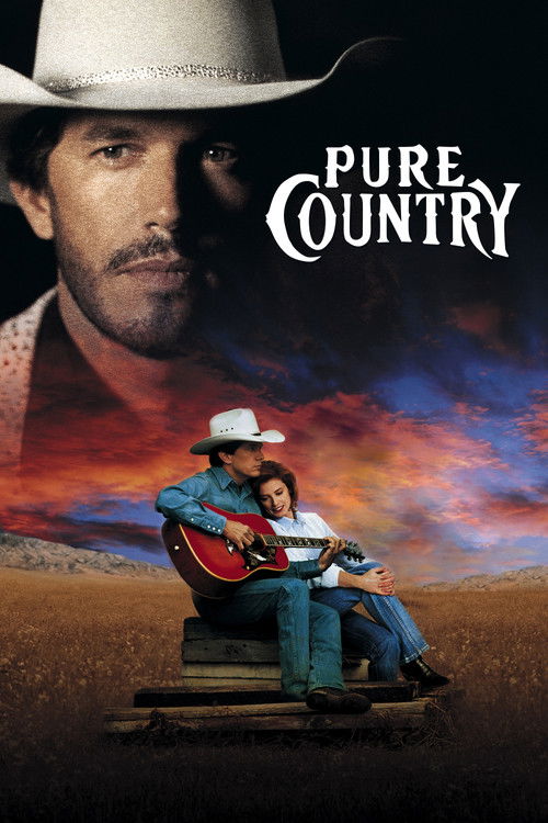 The poster features a cowboy in a white hat playing a guitar against a dramatic sunset sky. The title "Pure Country" is prominently displayed in bold white letters. The overall mood is nostalgic and inviting, evoking the classic American western genre.