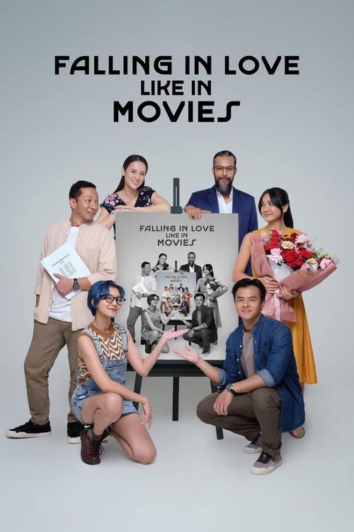 The poster features a group of seven diverse characters in casual attire, exuding a relaxed and friendly mood. The vibrant colors of their clothing contrast with the neutral background, creating a visually engaging composition. The title "Falling in Love Like in Movies" is prominently displayed a...