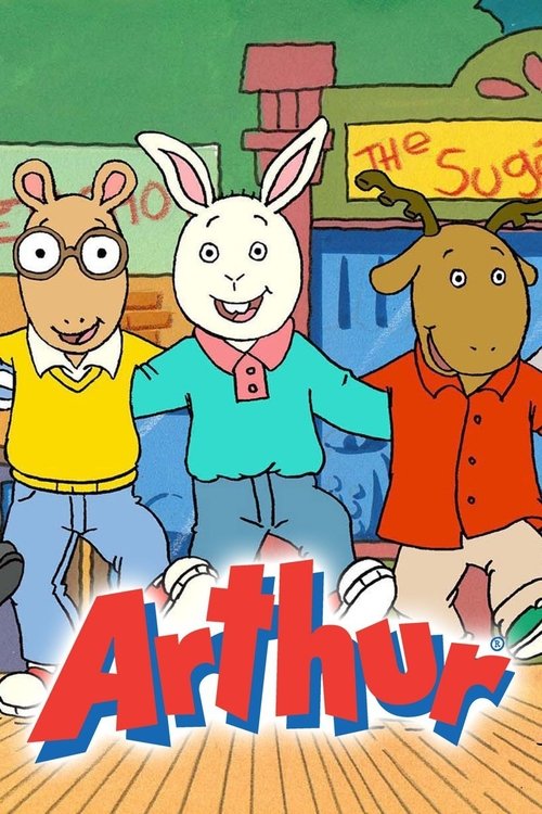Arthur's cartoon poster features three anthropomorphic animals—two rabbits and a goat—standing confidently against a cheerful backdrop. The vibrant colors, including bright yellows, blues, and reds, create a lively and inviting atmosphere. The playful font design adds to the whimsical feel, makin...