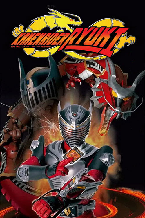 The poster features a dynamic scene with Ryuki in his signature red and silver armor, riding a motorcycle amidst fiery explosions. The background showcases Kamen Rider Ryuki's iconic helmet and the title "Kamen Rider Ryuki" in bold, stylized lettering. The overall mood is intense and action-packe...