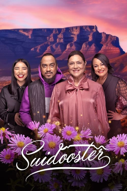 The poster features four smiling people standing in front of a dramatic canyon landscape with purple skies. They are surrounded by vibrant purple flowers, creating a cheerful and inviting atmosphere. The title "Suidooster" is elegantly written in white script at the bottom, emphasizing the show's...