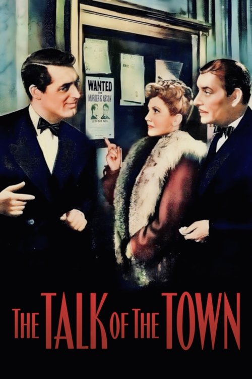 The poster features three men in formal suits, one with a fur coat, standing against a backdrop of a newspaper window. The warm, muted tones and dramatic lighting create a mysterious and slightly tense atmosphere.