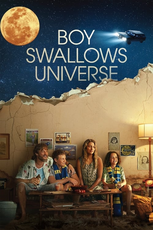 The poster features a family of four sitting on a couch in a cozy, dimly lit room. The warm tones of the room contrast with the deep blue night sky above, where a full moon and a spaceship hover. The mood is nostalgic and adventurous, capturing the essence of a family exploring the cosmos together.