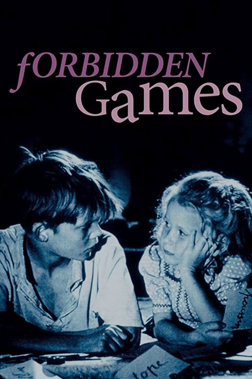 The poster features two children in a dimly lit room, their faces illuminated by soft blue light. The title "FORBIDDEN GAMES" is prominently displayed in a stylized font. The overall mood is mysterious and slightly eerie, suggesting a thriller or horror genre.