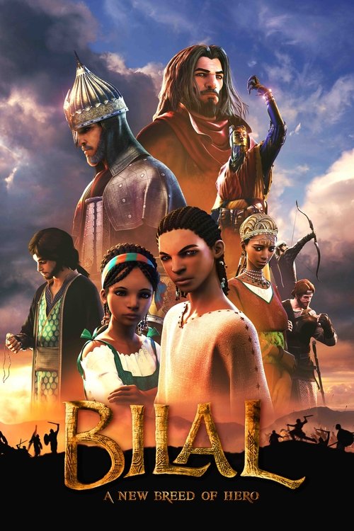 The poster features a dramatic scene with a central figure in a white shirt, flanked by characters in traditional attire. The background showcases a vibrant sky with hues of orange, yellow, and purple, suggesting a sunset or sunrise. The title "BILAL" is prominently displayed in bold, golden lett...