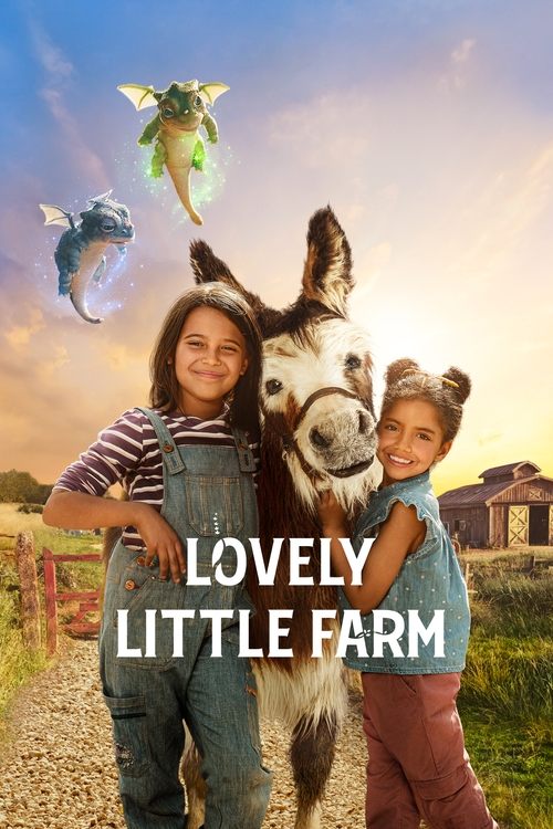 A cheerful farm poster featuring two smiling children with a white horse, set against a warm sunset backdrop. Magical floating creatures add whimsy to the scene, evoking a nostalgic, heartwarming atmosphere perfect for a family-friendly show.