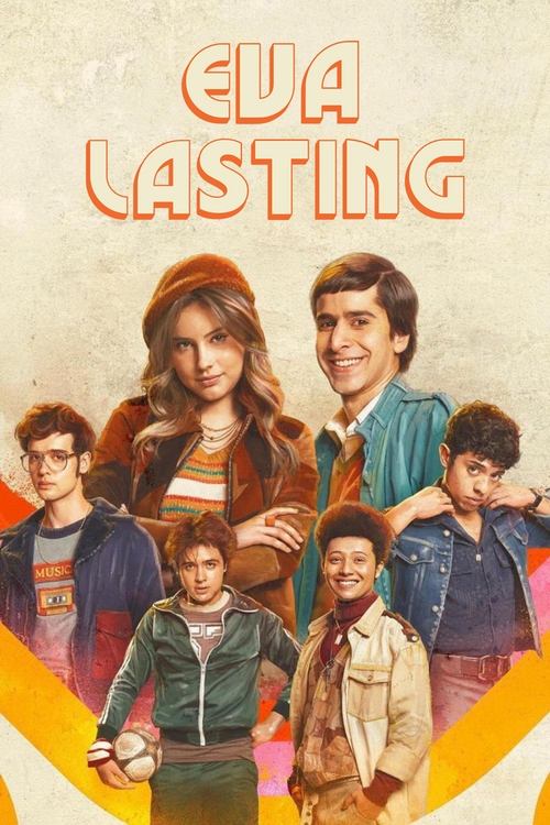 The poster features a vibrant group of young adults in casual, youthful attire against a warm, textured background. The colors are rich and varied, with earthy tones and playful splashes of orange and yellow that evoke a nostalgic, retro vibe. The mood is cheerful and inviting, capturing the esse...