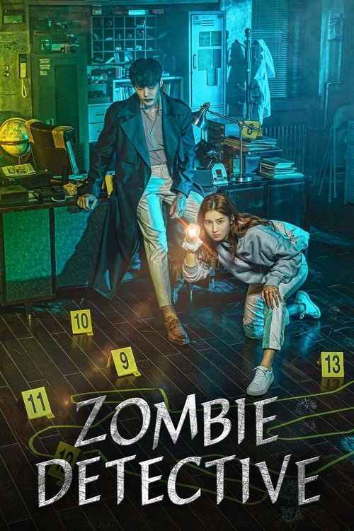 The poster depicts a mysterious detective in a trench coat, surrounded by glowing yellow evidence markers. A woman kneels beside a mysterious figure, creating a suspenseful atmosphere. The cool blue and green tones evoke a spooky yet intriguing mood, hinting at an eerie investigation into a haunt...