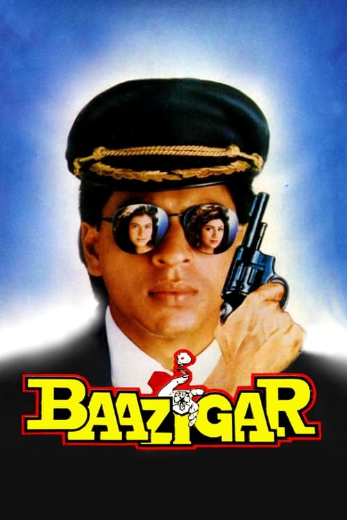 The poster features a man in a black uniform and hat holding a gun, with sunglasses reflecting his face. The title "Baazigar" is prominently displayed in bold, red letters against a blue background. The overall mood is intense and dramatic, suggesting action and suspense.
