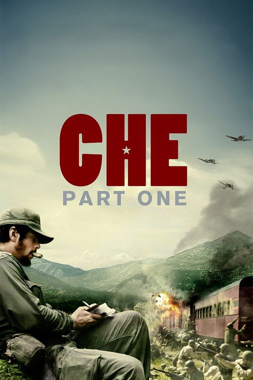 The poster features a man in a military uniform sitting on a hill, looking out over a war-torn landscape. The red "CHE" title stands out against the muted tones of the mountains and sky. Birds fly in the distance, adding a sense of urgency and action. The overall mood is somber and reflective, ca...